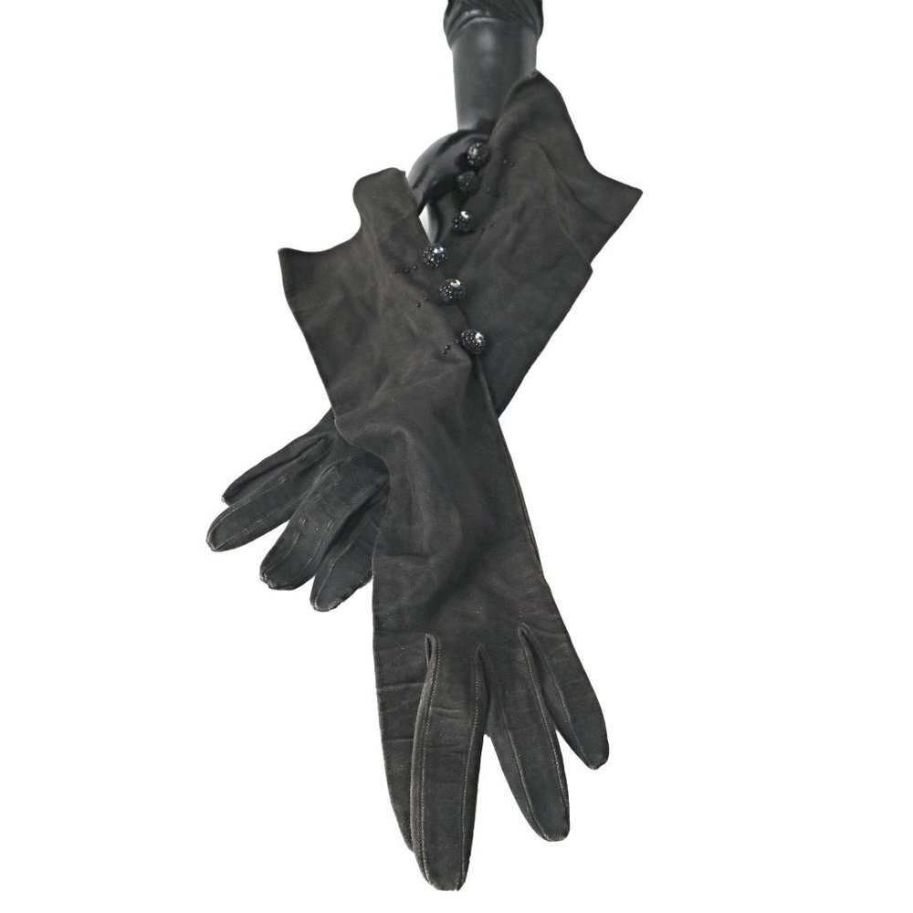 Vintage Evening Gloves Black Suede & Aurora Borealis Beading Evening Gloves Dres